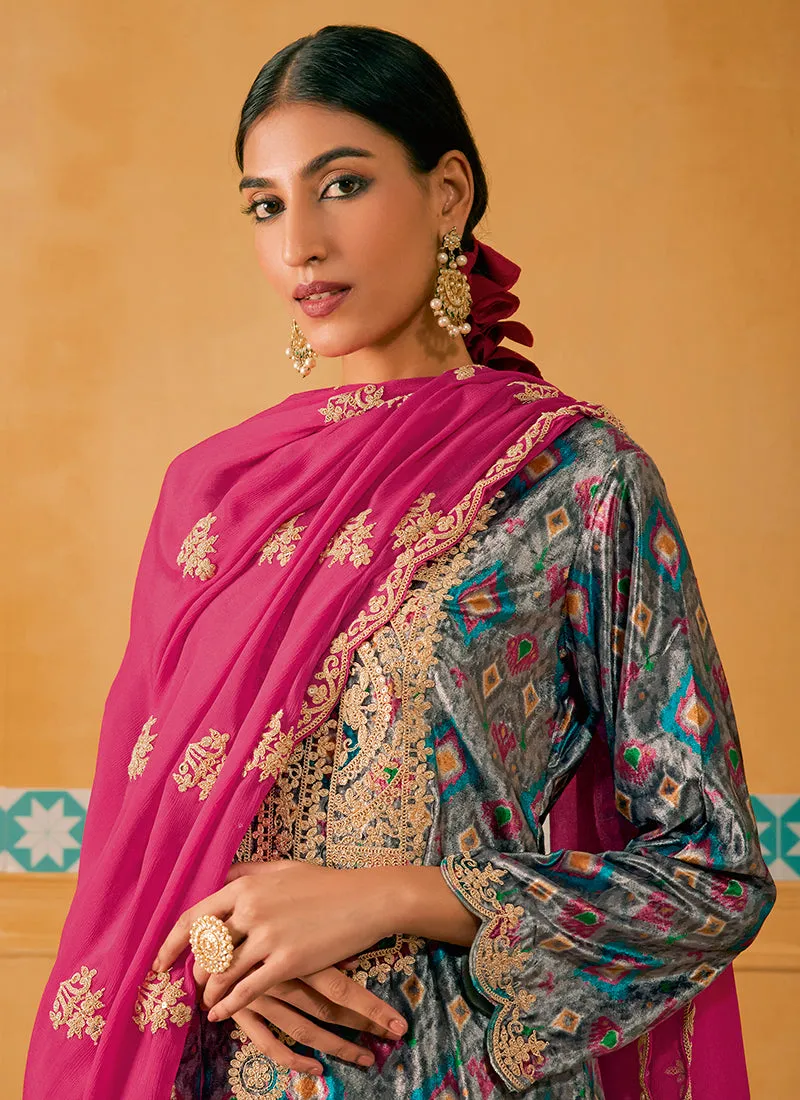 Grey And Pink Embroidered Velvet Kurta Pant Suit