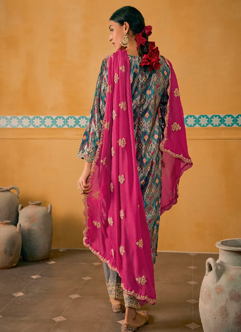 Grey And Pink Embroidered Velvet Kurta Pant Suit