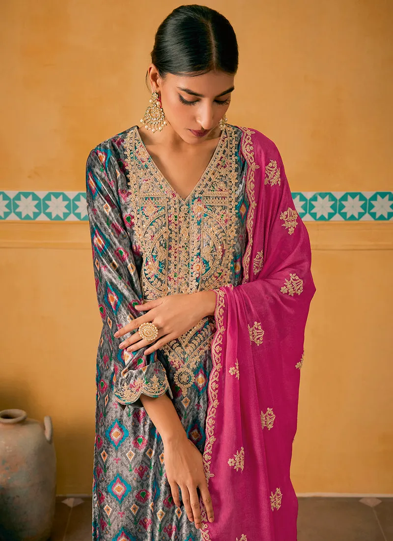 Grey And Pink Embroidered Velvet Kurta Pant Suit