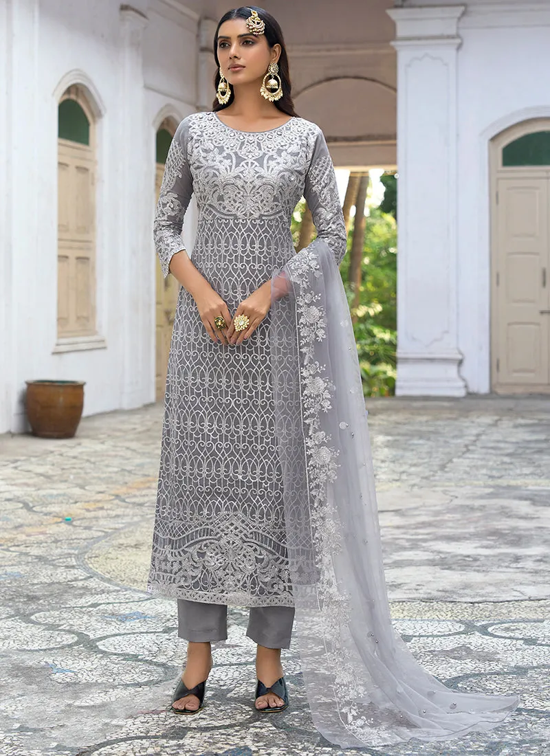 Grey Sequence Embroidery Pakistani Pant Style Suit