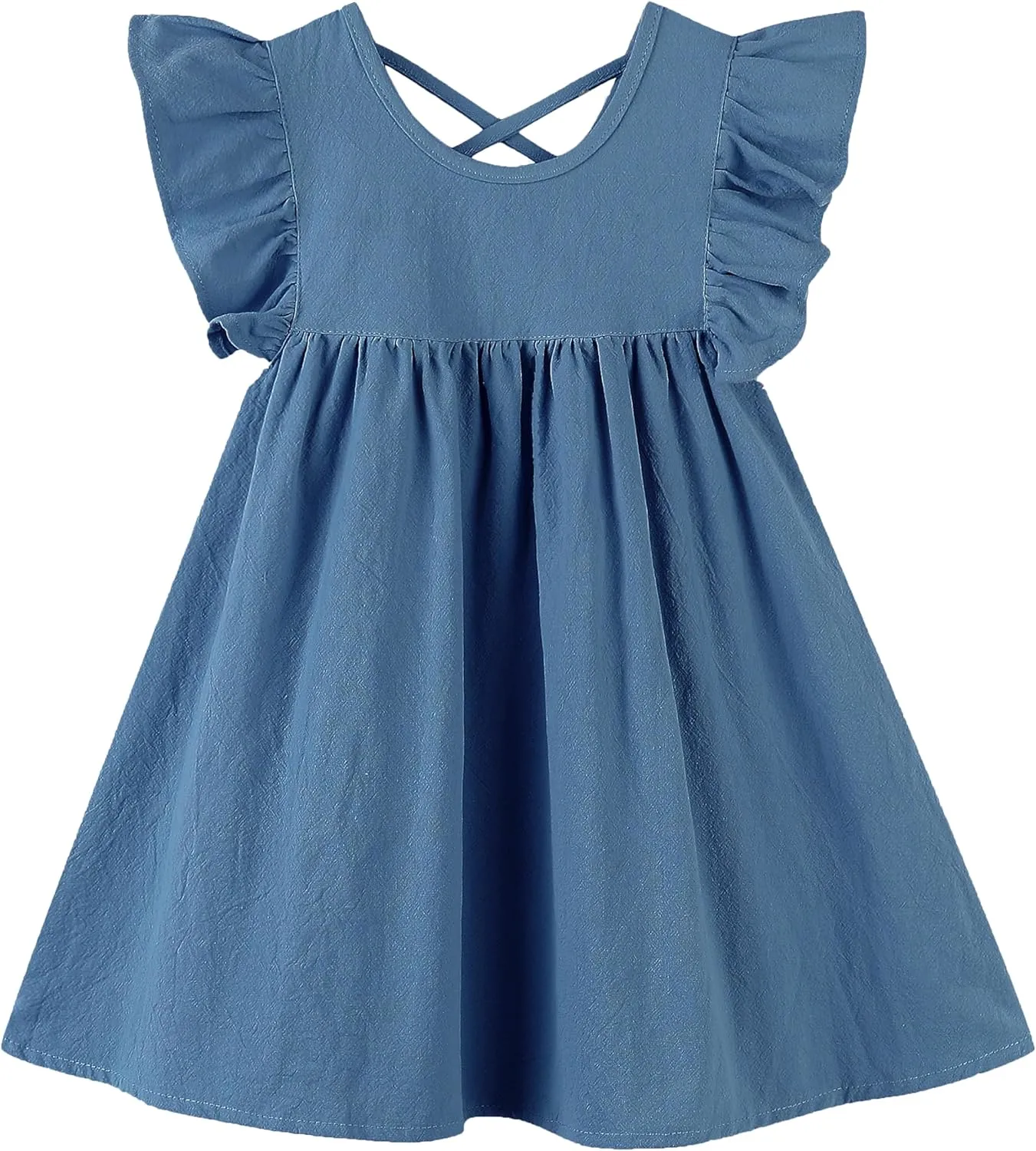GSVIBK Girls Linen Cotton Dress Flutter Sleeve Back Cross Dress Toddler A-Line Skater Dress Baby Girl Halter Casual Sundress