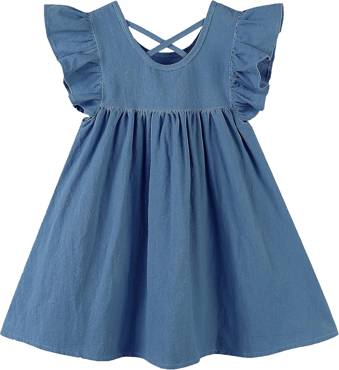 GSVIBK Girls Linen Cotton Dress Flutter Sleeve Back Cross Dress Toddler A-Line Skater Dress Baby Girl Halter Casual Sundress