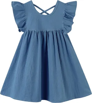 GSVIBK Girls Linen Cotton Dress Flutter Sleeve Back Cross Dress Toddler A-Line Skater Dress Baby Girl Halter Casual Sundress