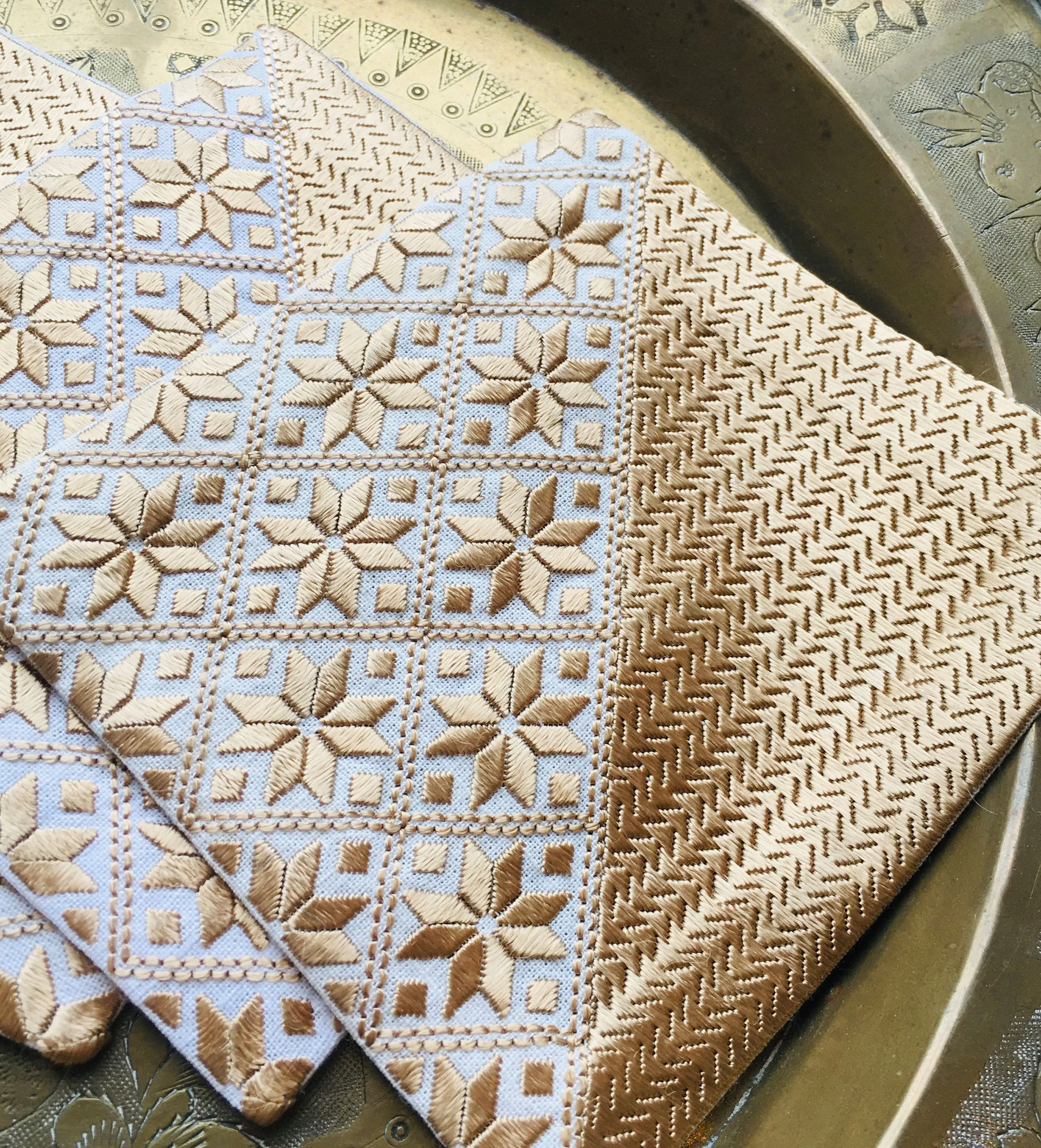 Hand Embroidered Cocktail Napkins: Diagonal Design