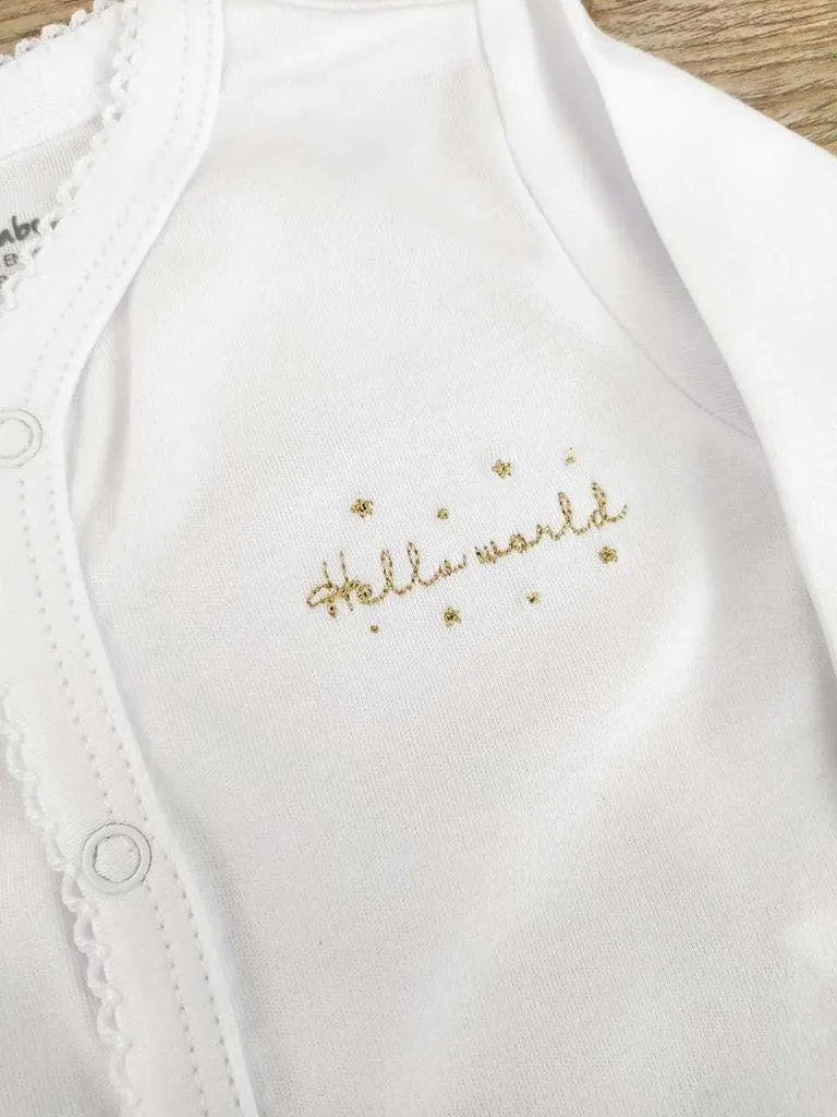 Hello World Long Sleeve Snapped Bodysuit, White