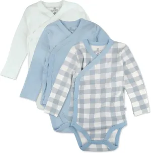 HonestBaby 3-Pack Organic Cotton Long Sleeve Side-Snap Kimono Bodysuits, Blue Painted Buffalo Check, 3-6 Months