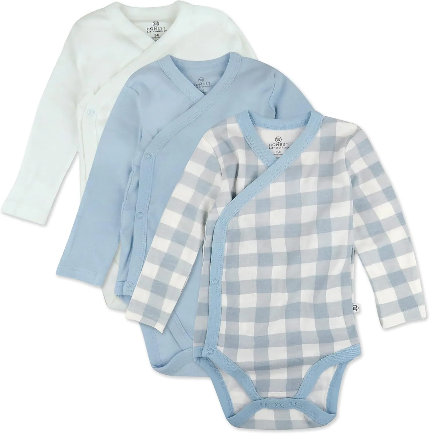HonestBaby 3-Pack Organic Cotton Long Sleeve Side-Snap Kimono Bodysuits, Blue Painted Buffalo Check, 3-6 Months