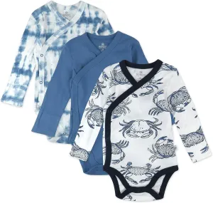 HonestBaby 3-Pack Organic Cotton Long Sleeve Side-Snap Kimono Onesies Bodysuits, Crabs Navy, Newborn