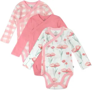 HonestBaby 3-Pack Organic Cotton Long Sleeve Side-Snap Kimono Onesies Bodysuits, Strawberry Pink Floral, 3-6 Months