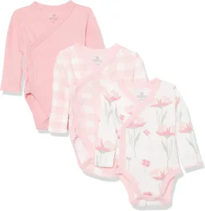 HonestBaby 3-Pack Organic Cotton Long Sleeve Side-Snap Kimono Onesies Bodysuits, Strawberry Pink Floral, Newborn