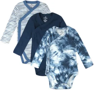 HonestBaby 3-Pack Organic Cotton Long Sleeve Side-Snap Kimono Onesies Bodysuits, Tie Dye Blues, 6-9 Months