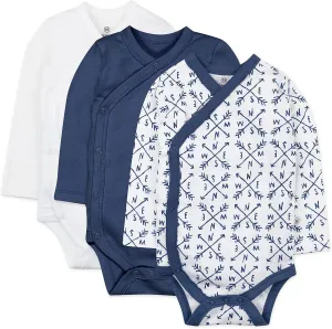 HonestBaby Organic Cotton Long Sleeve Side-Snap Kimono Bodysuits for Infant Baby Boys, Girls, Unisex, Compass Blue, 0-3 Months