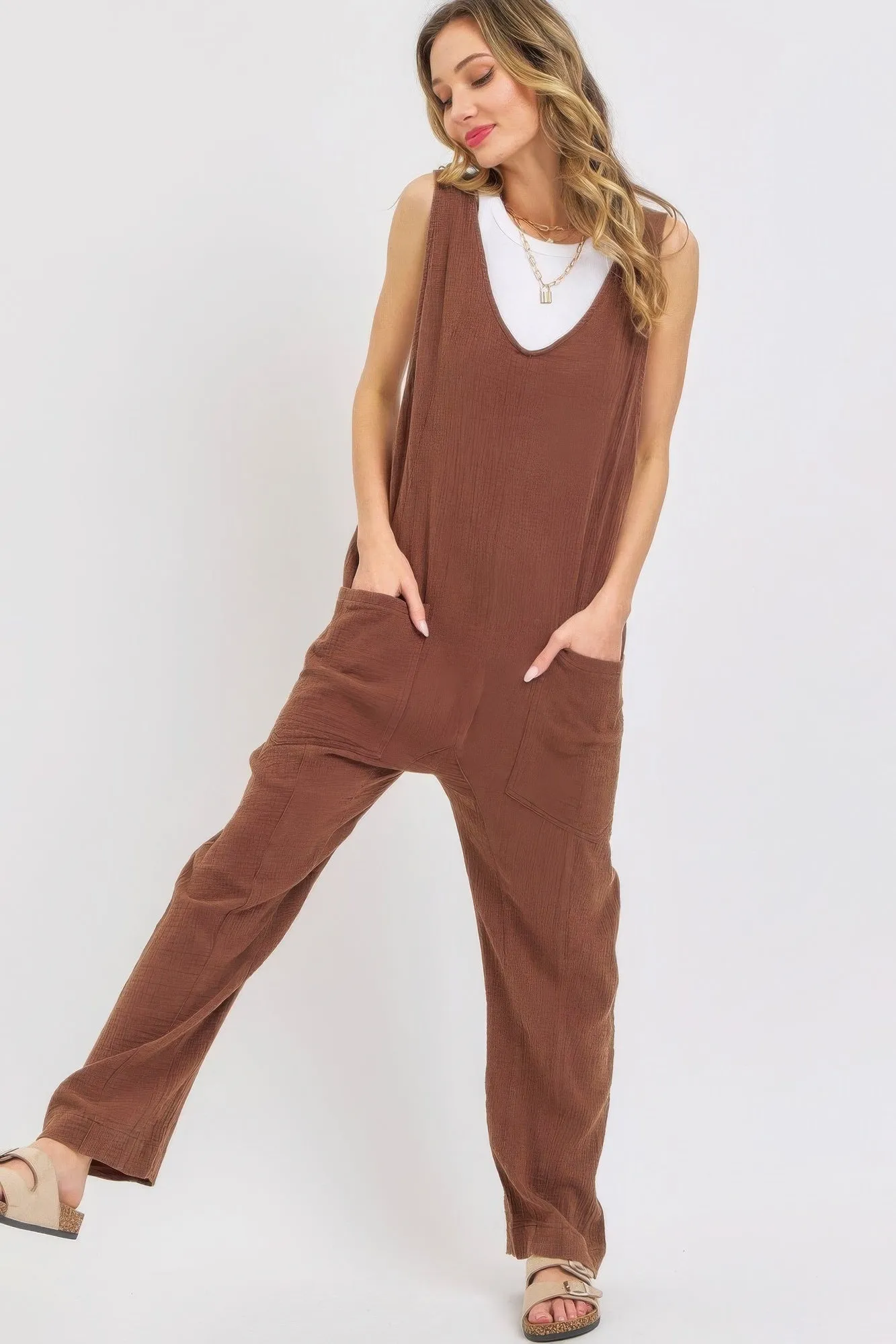 Hot Girl Forever Summer Mineral Washed Soft Cotton Jumpsuit In Brown