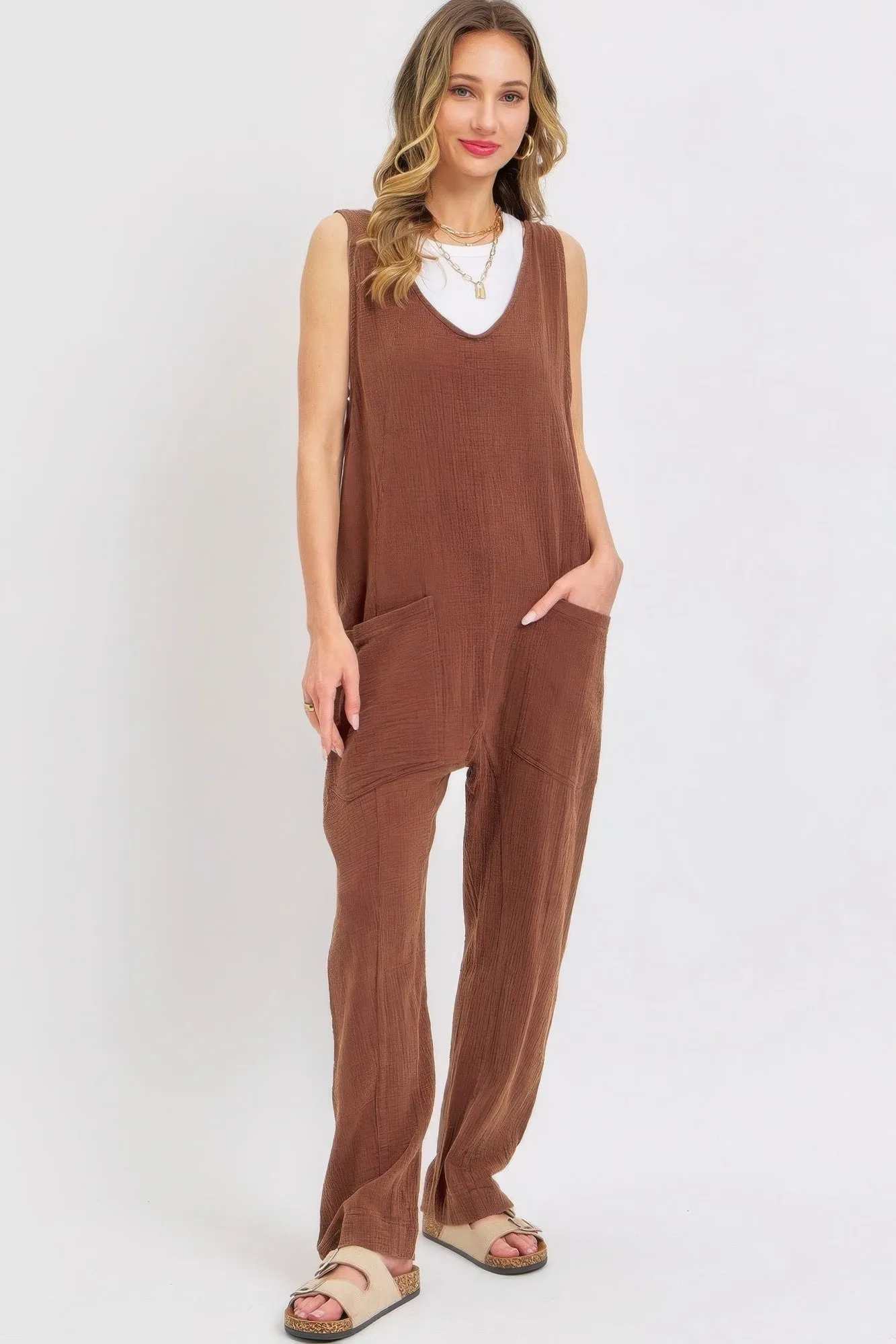 Hot Girl Forever Summer Mineral Washed Soft Cotton Jumpsuit In Brown