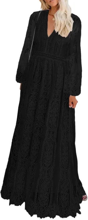 HOYISHION Women's Off The Shoulder Floral Lace Maxi Dress White Bridesmaid Wedding Party Maternity Photoshoot Long Dresses