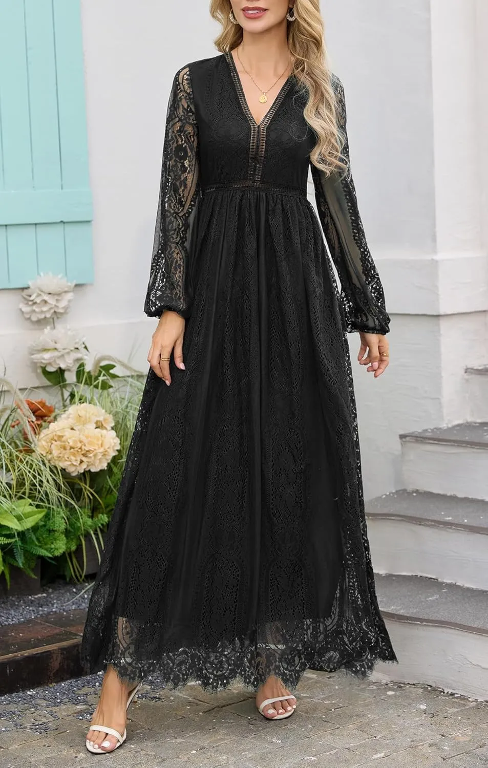 HOYISHION Women's Off The Shoulder Floral Lace Maxi Dress White Bridesmaid Wedding Party Maternity Photoshoot Long Dresses