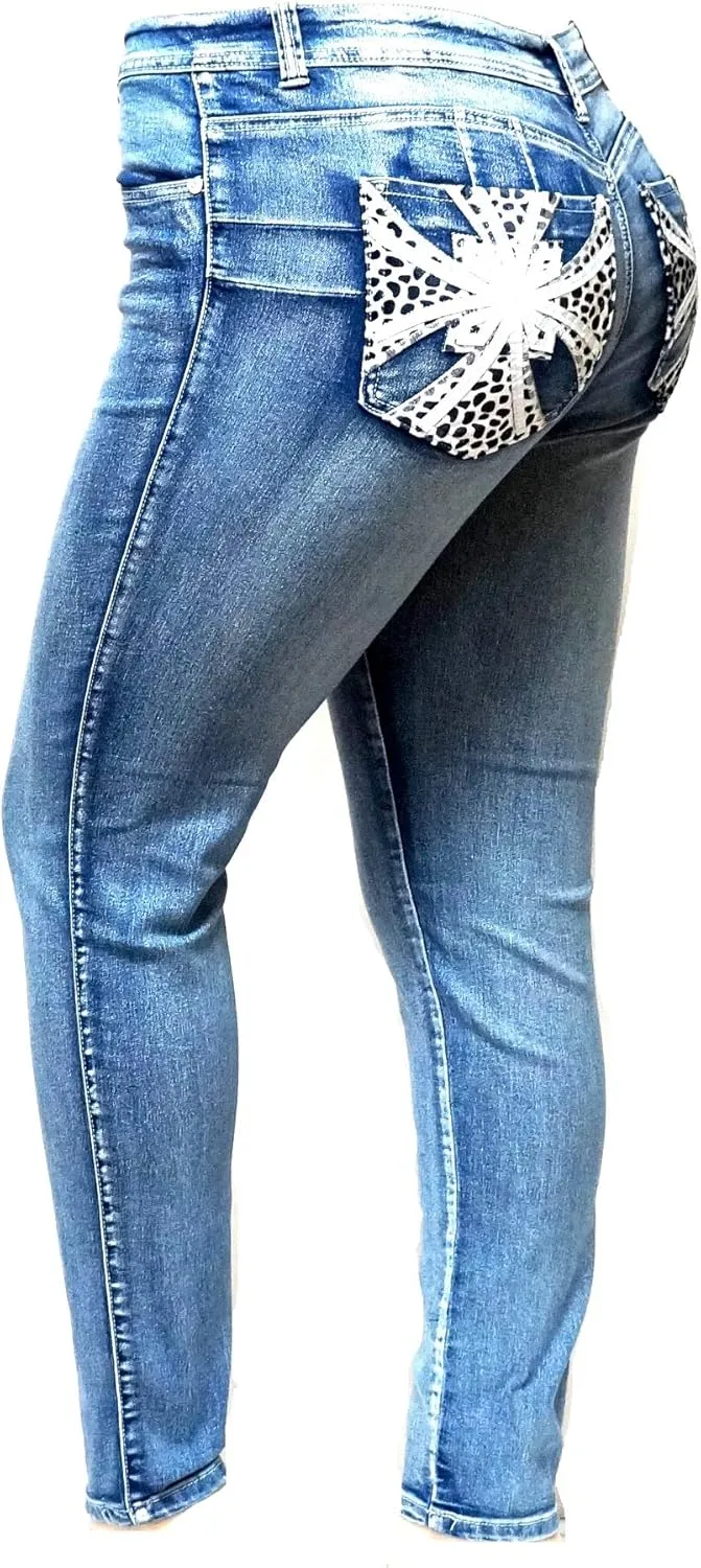 Jack David Women's Plus Size Blue/Black Curvy Stretch Flap Pocket Skinny/Bootcut/Cargo Denim Jeans Pants