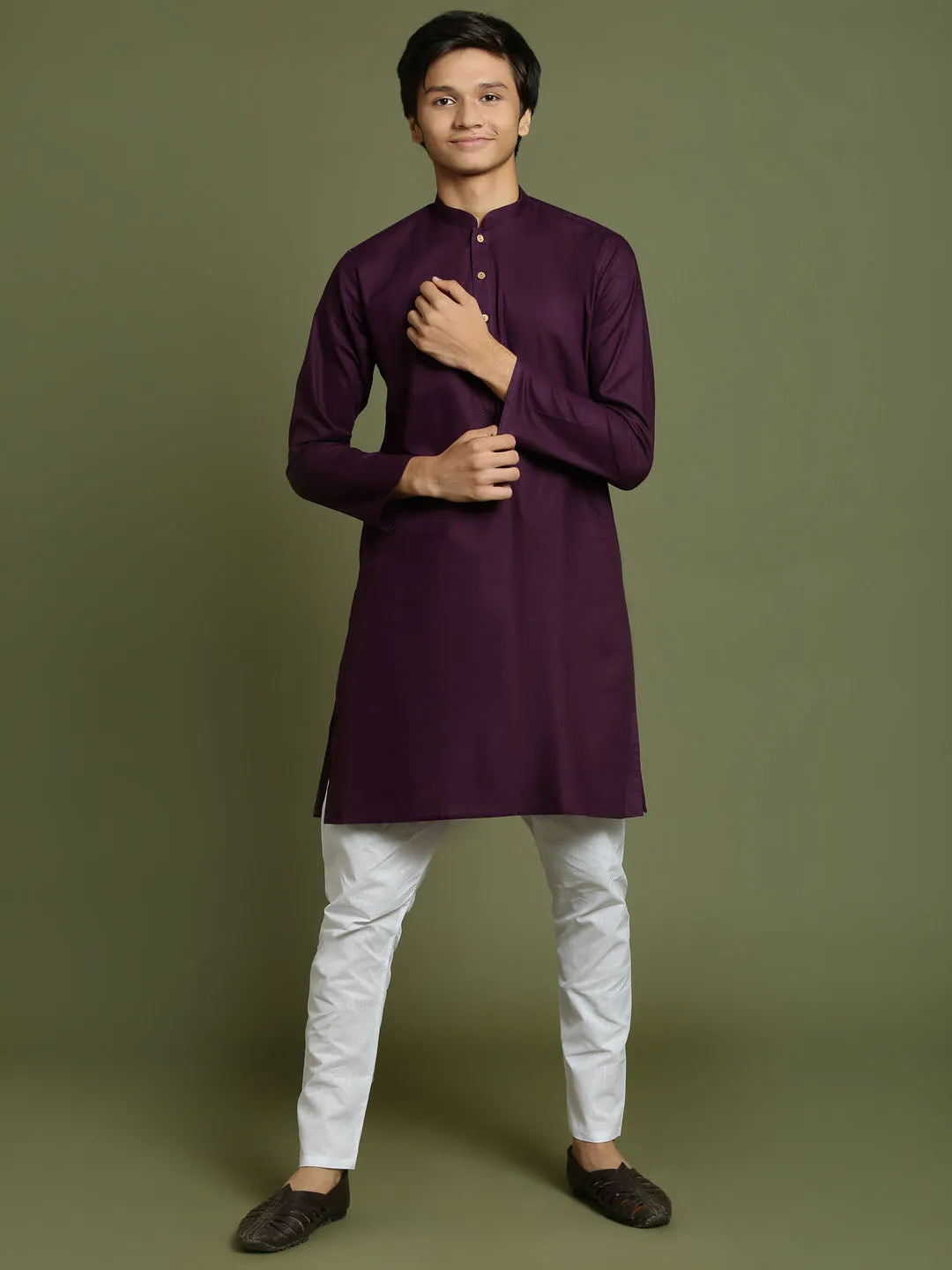 Jashvi Boys Purple And White Kurta Pyjama Set
