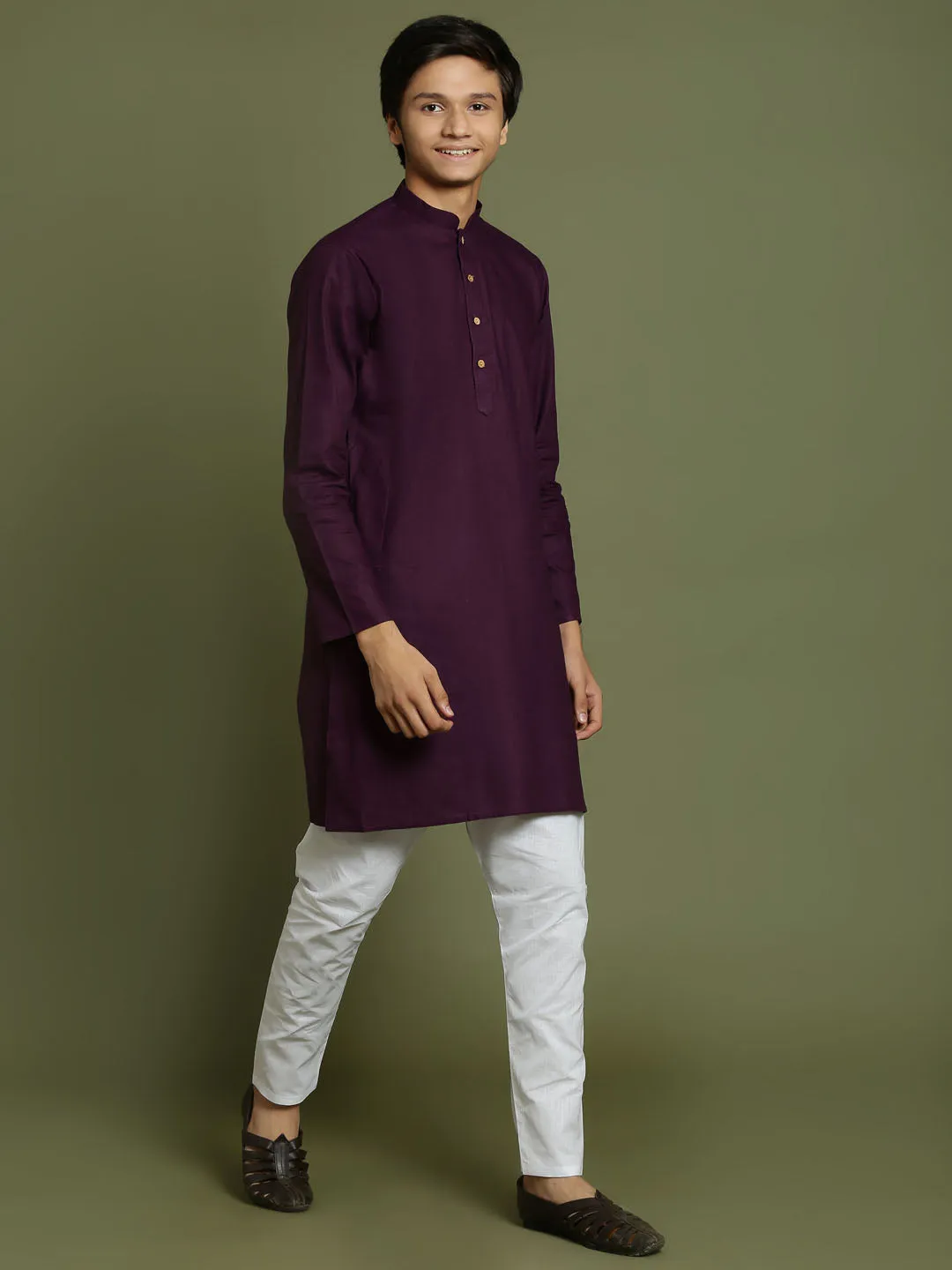 Jashvi Boys Purple And White Kurta Pyjama Set