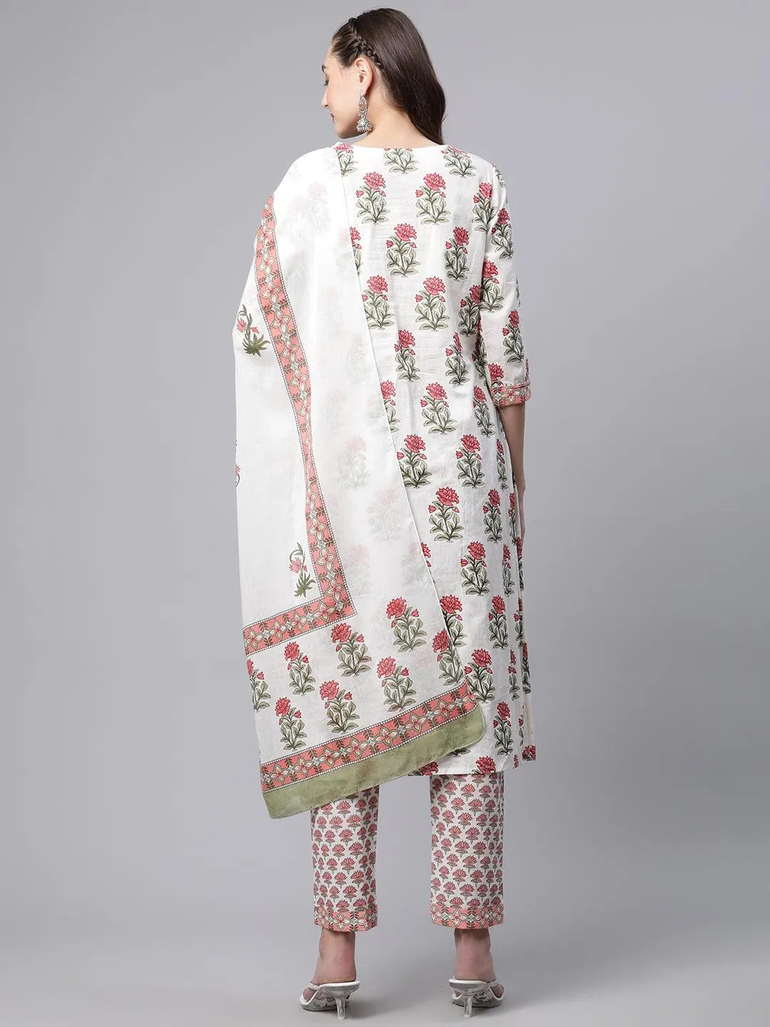 Jashvi White Floral Kurta pant set with Mulmul Dupatta