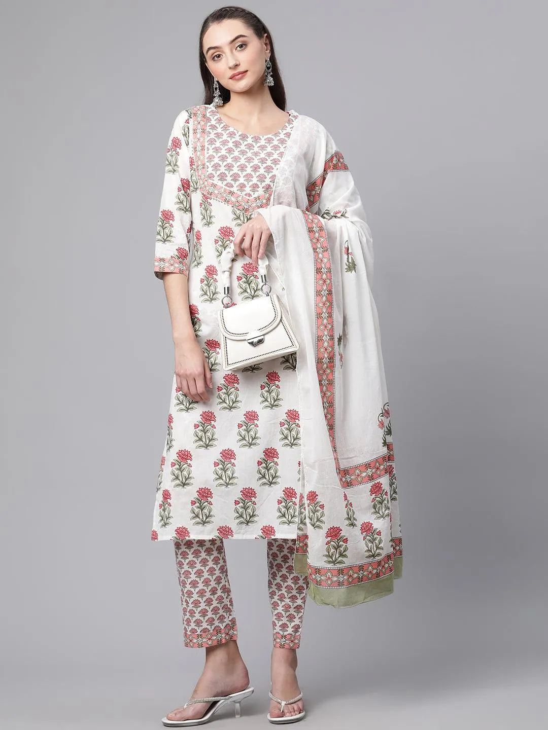 Jashvi White Floral Kurta pant set with Mulmul Dupatta