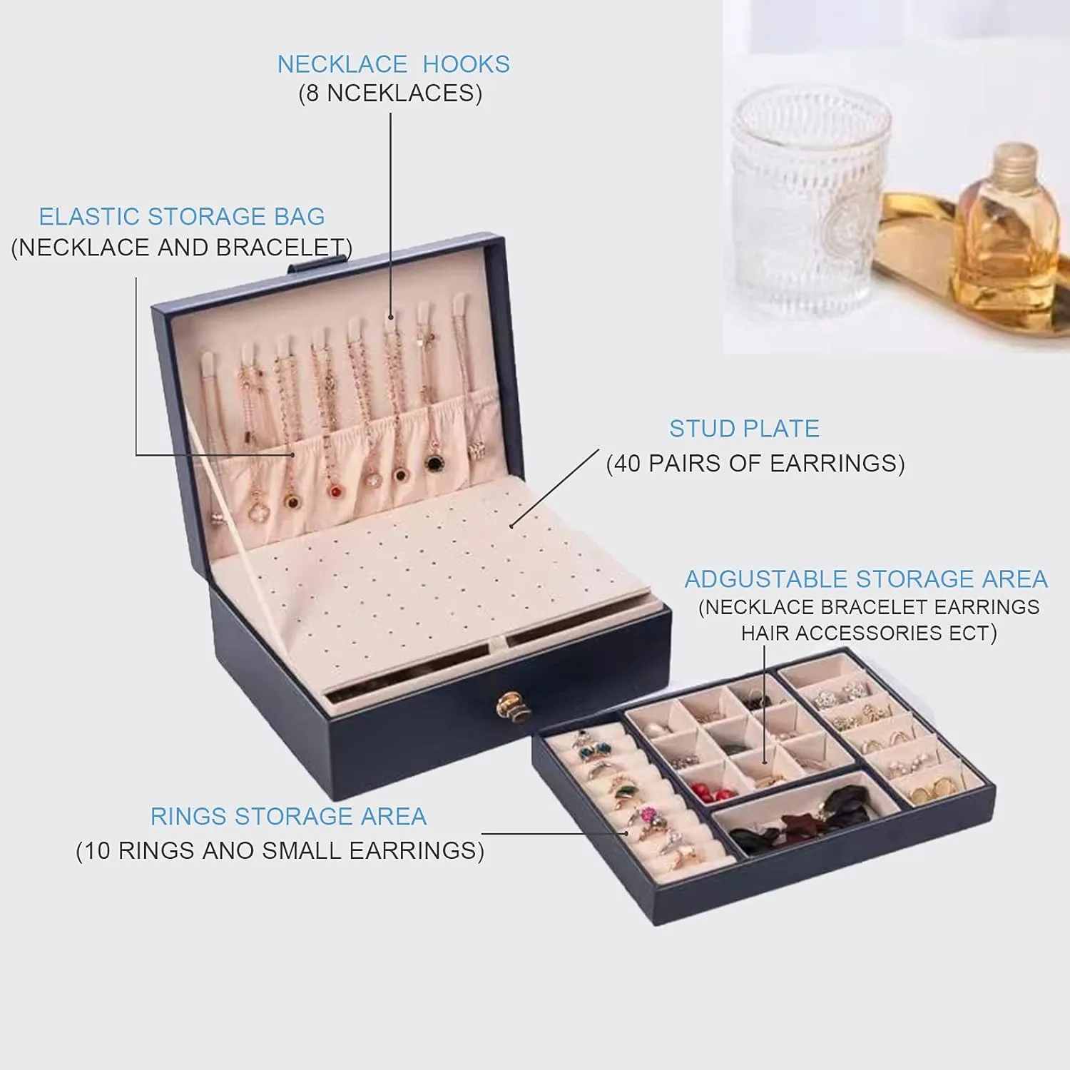 Jewelry Box Organizer for Women, Earring Organizer Holder with PU Leather for Birthday Christmas and New Year Gifts-Navy Blue