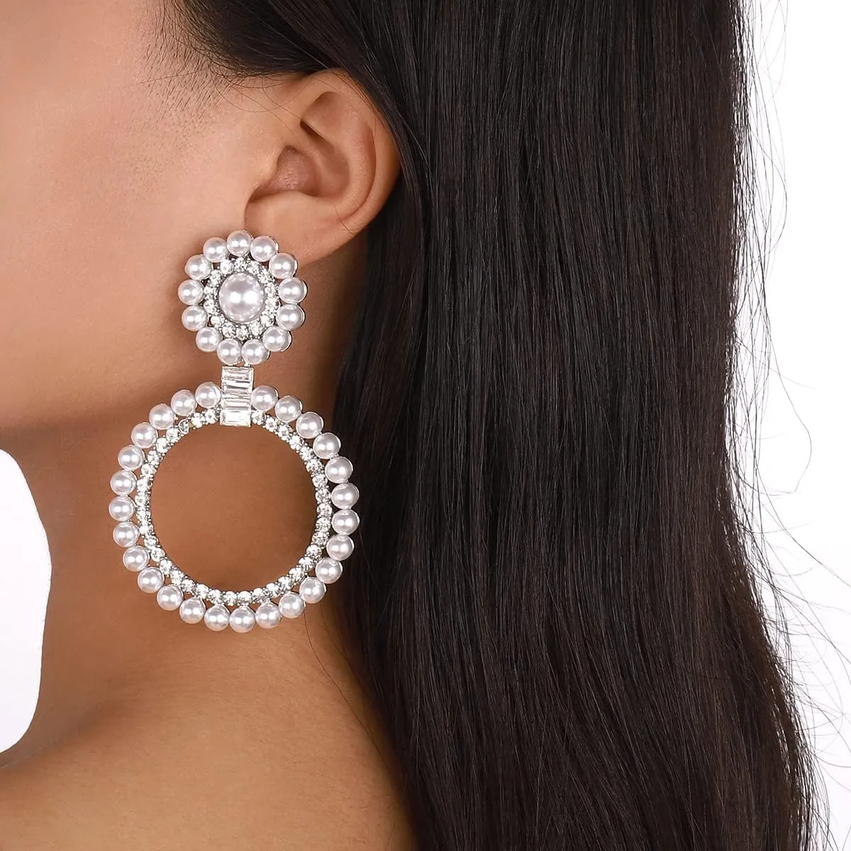 Jumwrit Silver Modern Hoop Dangle Pearl Rhinestone Earrings