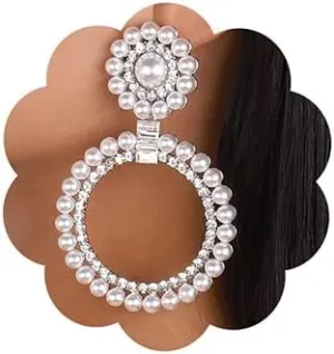 Jumwrit Silver Modern Hoop Dangle Pearl Rhinestone Earrings