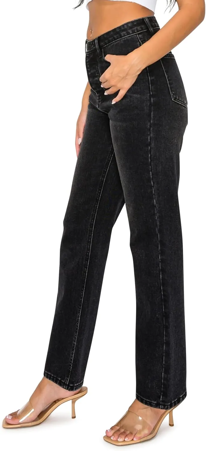 KHAKI & BLUE Womens Denim Jeans  High Waisted Straight Leg Pants with Button Down Closure