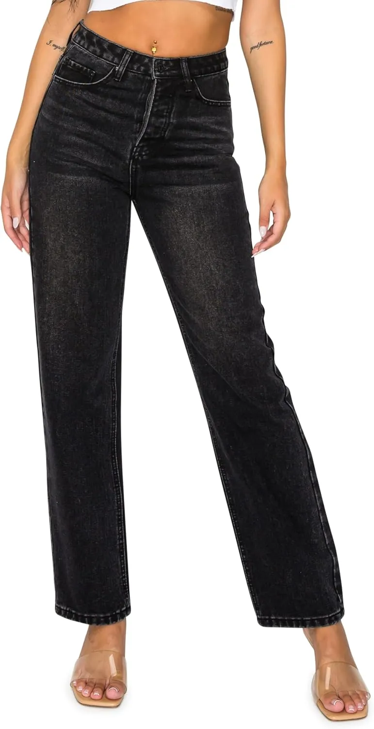KHAKI & BLUE Womens Denim Jeans  High Waisted Straight Leg Pants with Button Down Closure
