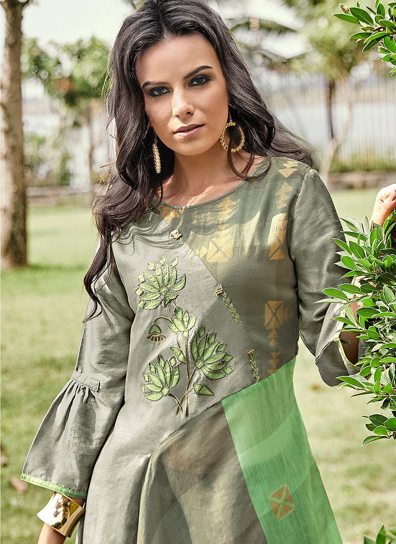 Light Green Printed And Embroidered Kurti