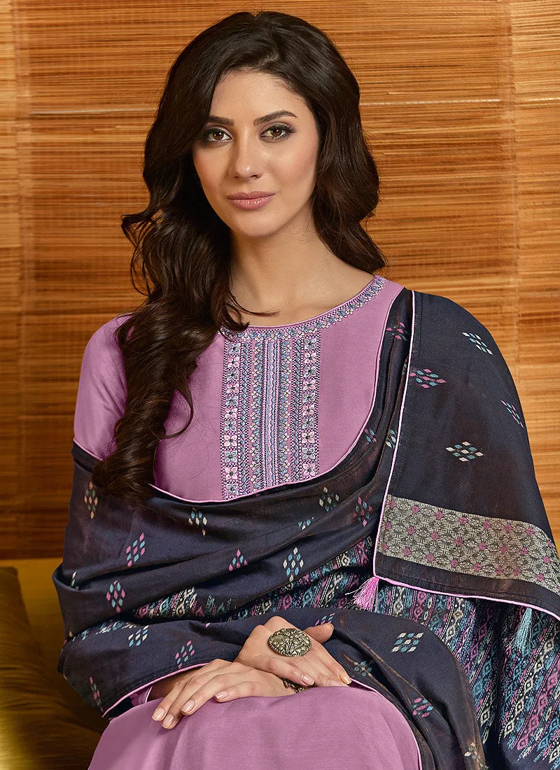 Light Pink and Blue Embroidered Pant Style Suit