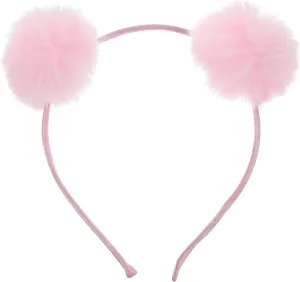 LOGOFUN Pompom Ball Headband Fluffy Ball Hairhoop Plush Cat Ears Hairbands for Women Girls Halloween Christmas Cosplay Party Costume Hair Accessories - Pink