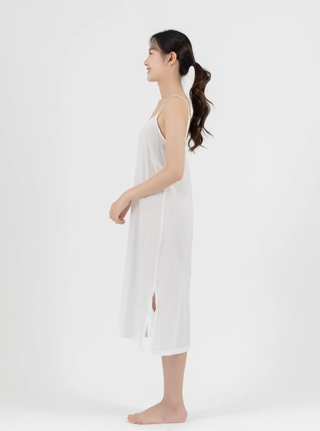 Midi Length Cotton Full Slip Under Dress Adjustable Spaghetti Strap Undergarment Nightwear (XL/XXL, White)
