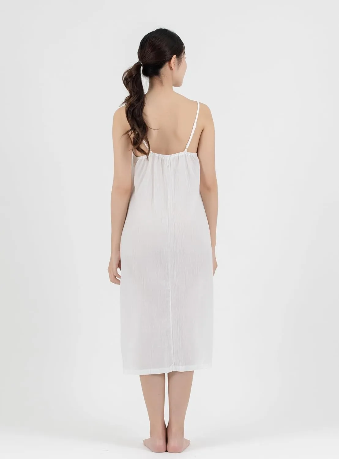Midi Length Cotton Full Slip Under Dress Adjustable Spaghetti Strap Undergarment Nightwear (XL/XXL, White)