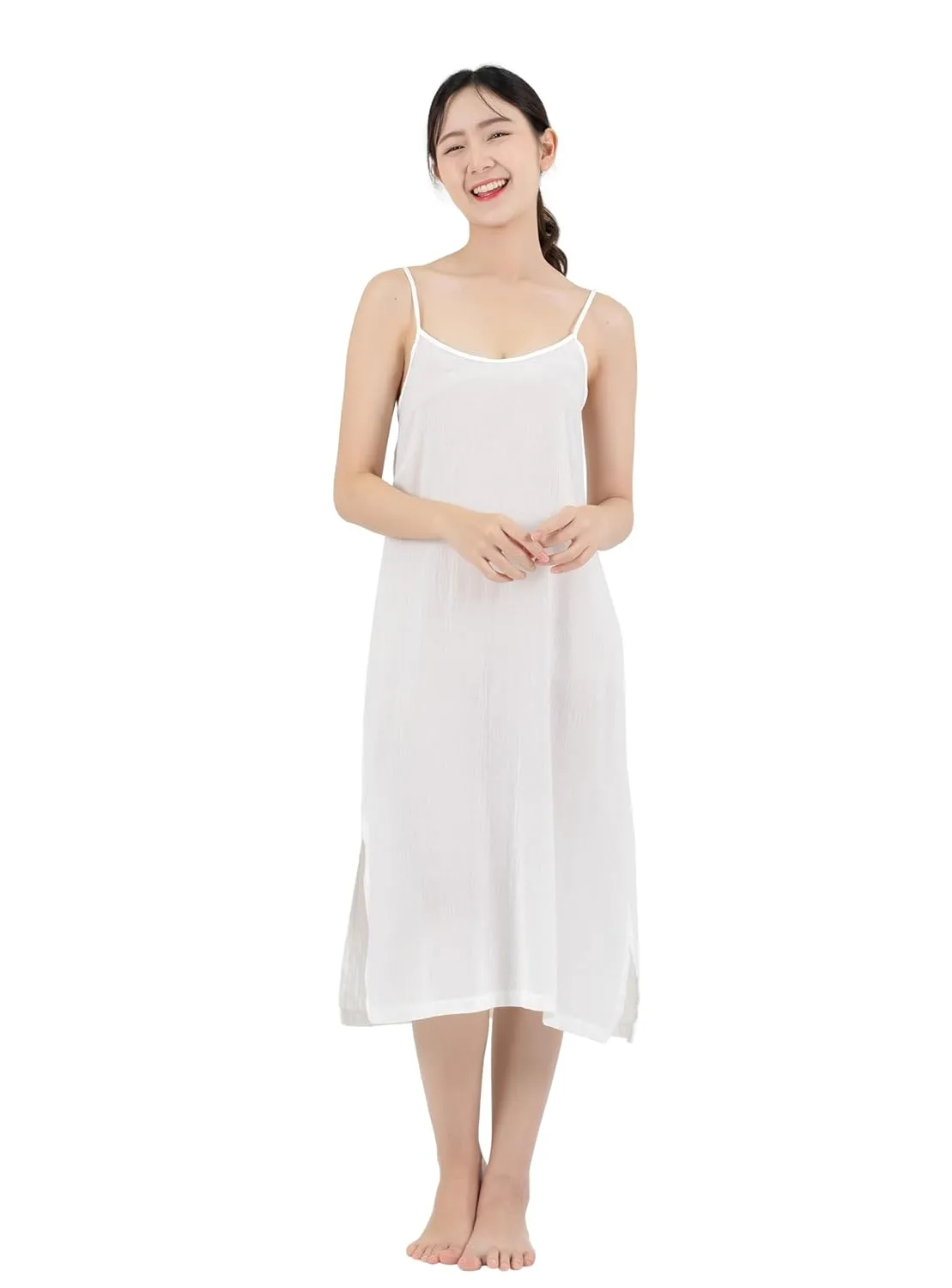 Midi Length Cotton Full Slip Under Dress Adjustable Spaghetti Strap Undergarment Nightwear (XL/XXL, White)