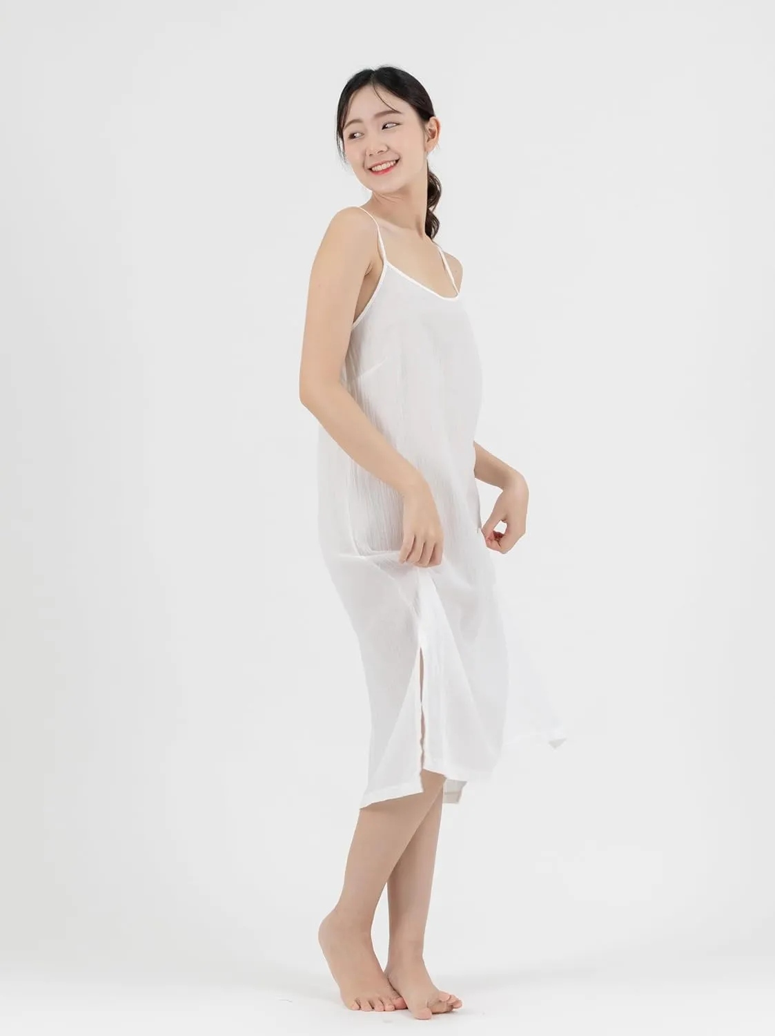 Midi Length Cotton Full Slip Under Dress Adjustable Spaghetti Strap Undergarment Nightwear (XL/XXL, White)