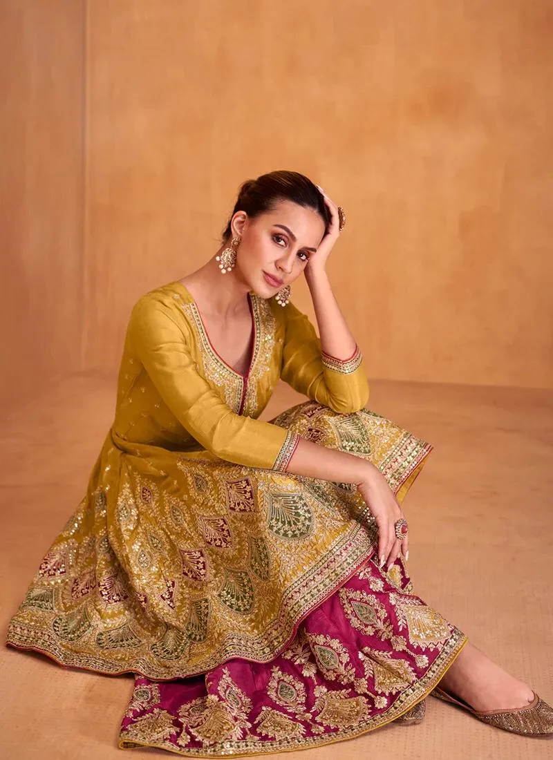 Mustard Yellow Elegant Embroidered Chinon Suit Set with Dupatta