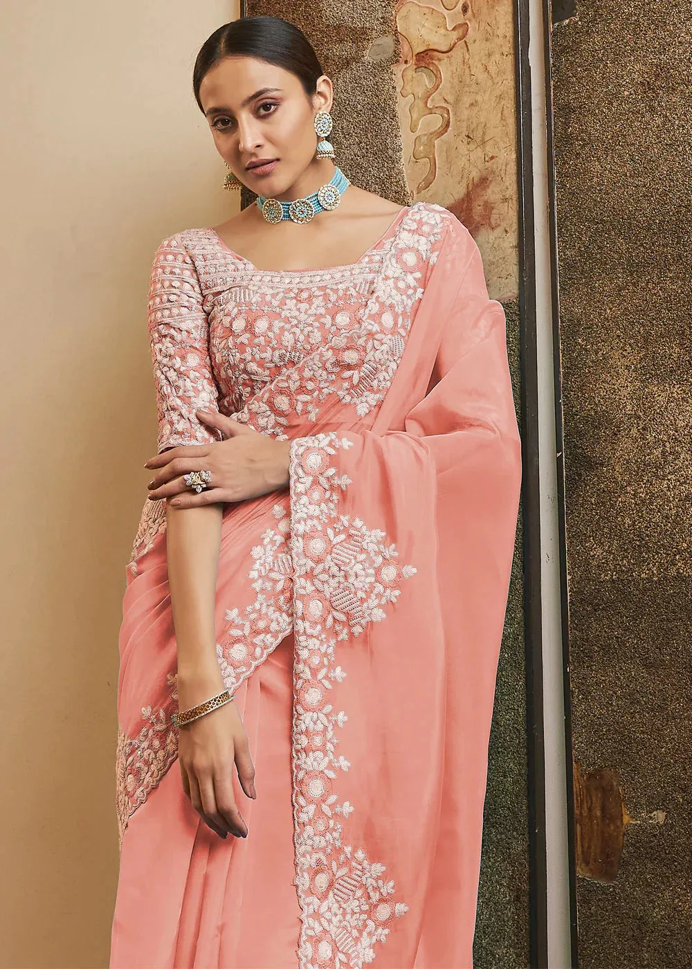 Peach Pink Organza Saree With Sequins, Resham & Cut-Work
