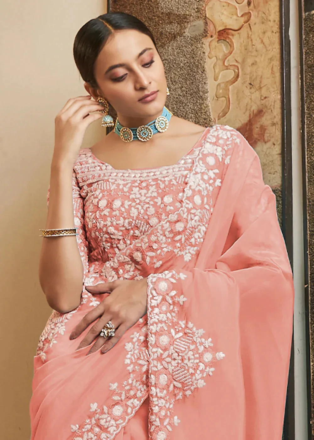 Peach Pink Organza Saree With Sequins, Resham & Cut-Work