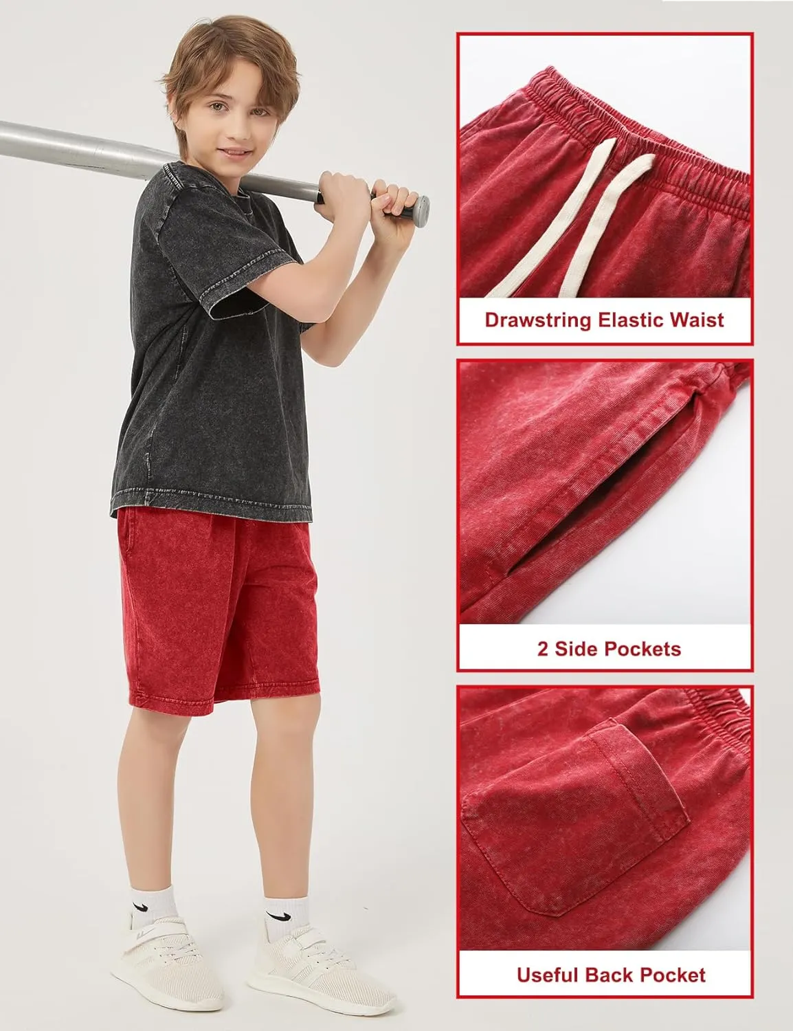 PEHMEA Boys Girls Cotton Shorts, Athletic Casual Jogger Loose Fit Kids Short with Pockets Elastic Waist Drawstring for 5-14Y