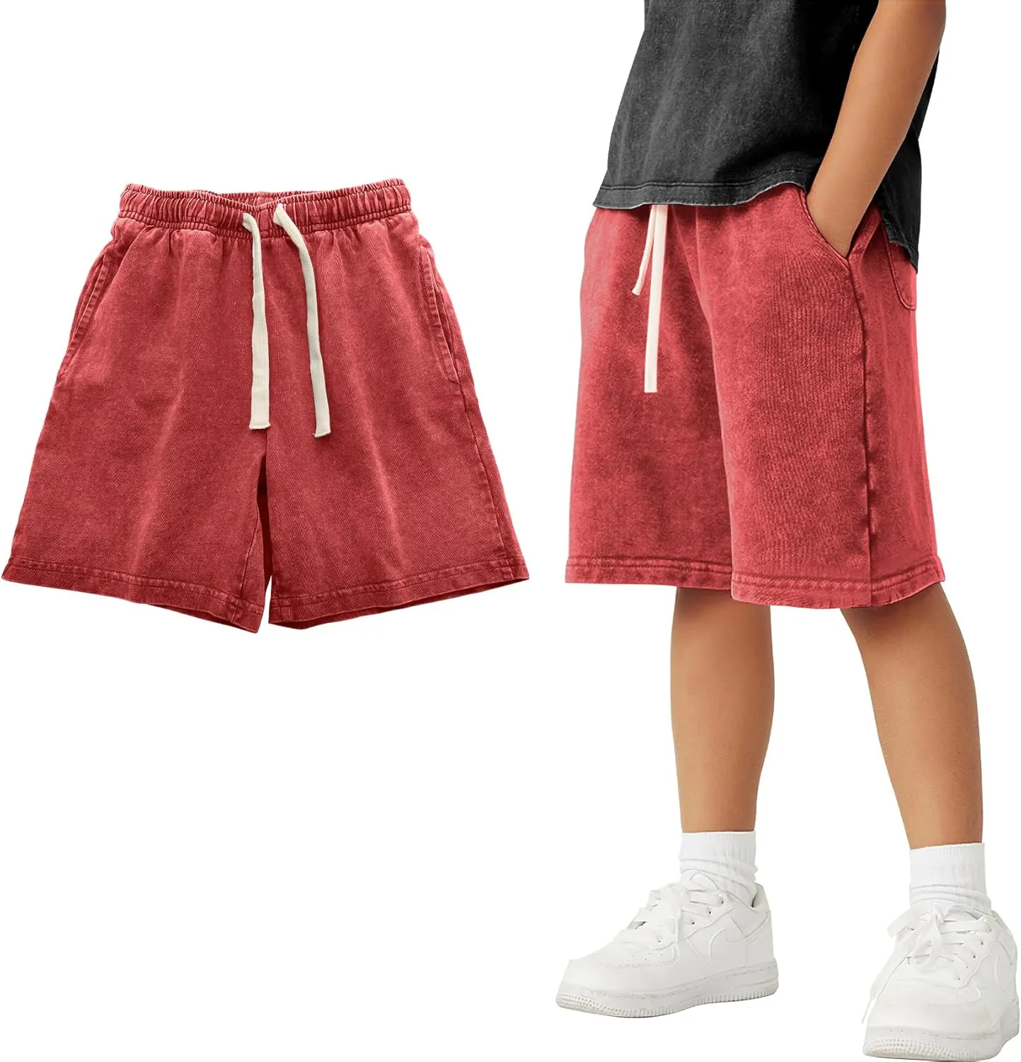 PEHMEA Boys Girls Cotton Shorts, Athletic Casual Jogger Loose Fit Kids Short with Pockets Elastic Waist Drawstring for 5-14Y