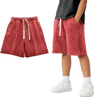 PEHMEA Boys Girls Cotton Shorts, Athletic Casual Jogger Loose Fit Kids Short with Pockets Elastic Waist Drawstring for 5-14Y