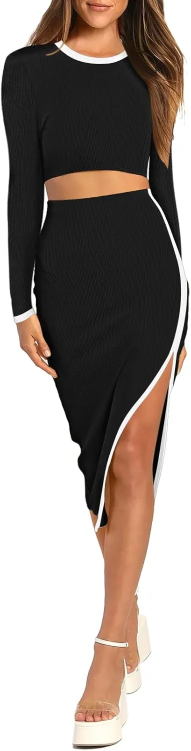 Pink Queen Women's 2 Piece Outfits Set Long Sleeve Crop Top Bodycon Slit Midi Skirt Sets Ribbed Knit Dress