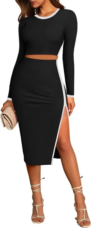 Pink Queen Women's 2 Piece Outfits Set Long Sleeve Crop Top Bodycon Slit Midi Skirt Sets Ribbed Knit Dress