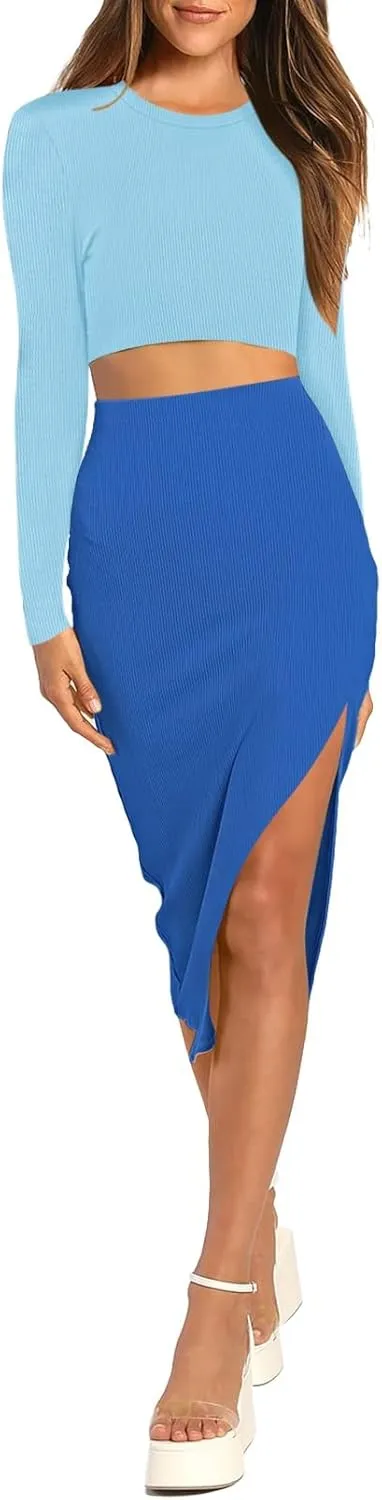 Pink Queen Women's 2 Piece Outfits Set Long Sleeve Crop Top Bodycon Slit Midi Skirt Sets Ribbed Knit Dress