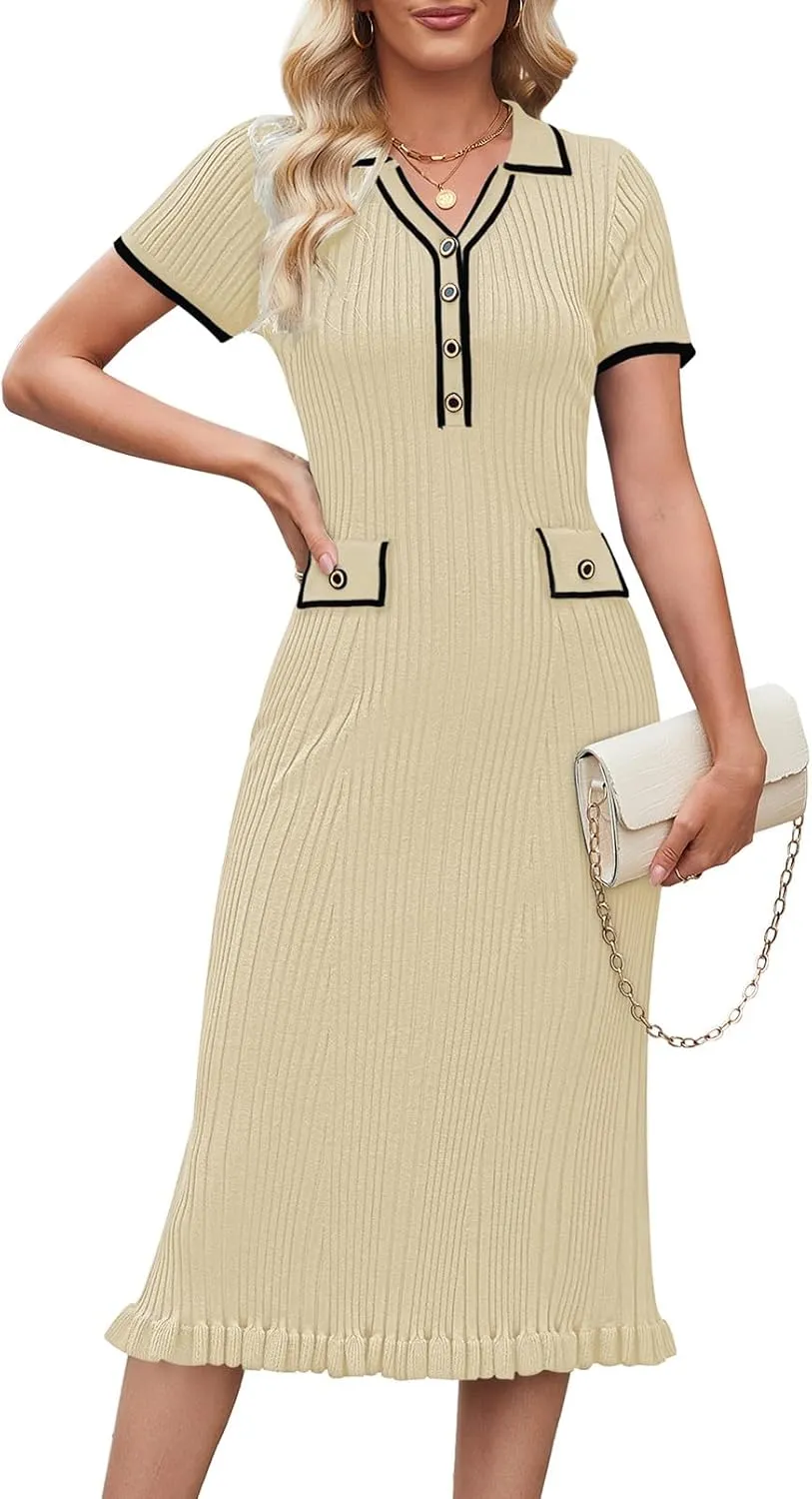 Pink Queen Women's Elegant Bodycon Dress 2025 Short Sleeve V Neck Half Button Cocktail Party Ribbed Knit Long Sweater Dress