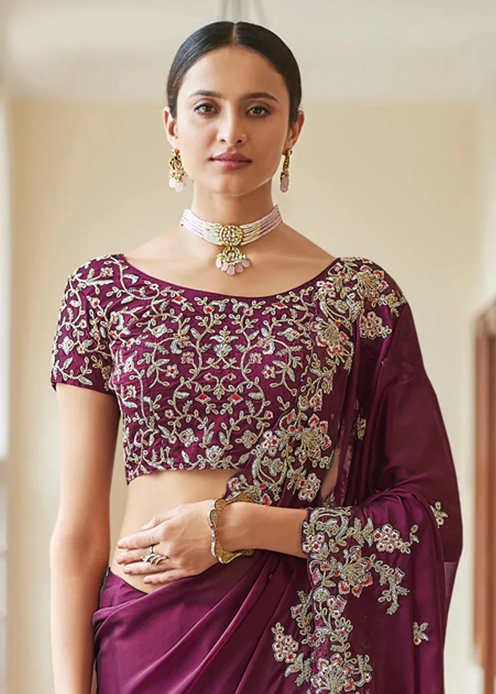 Purple Crape Dori, Resham,Cut-Work Designer Saree