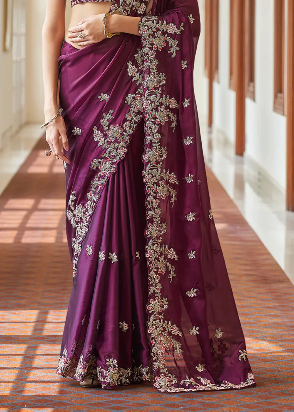 Purple Crape Dori, Resham,Cut-Work Designer Saree
