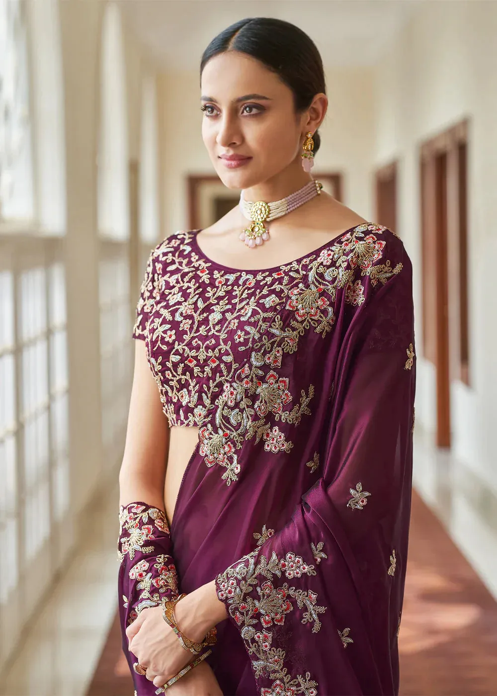 Purple Crape Dori, Resham,Cut-Work Designer Saree